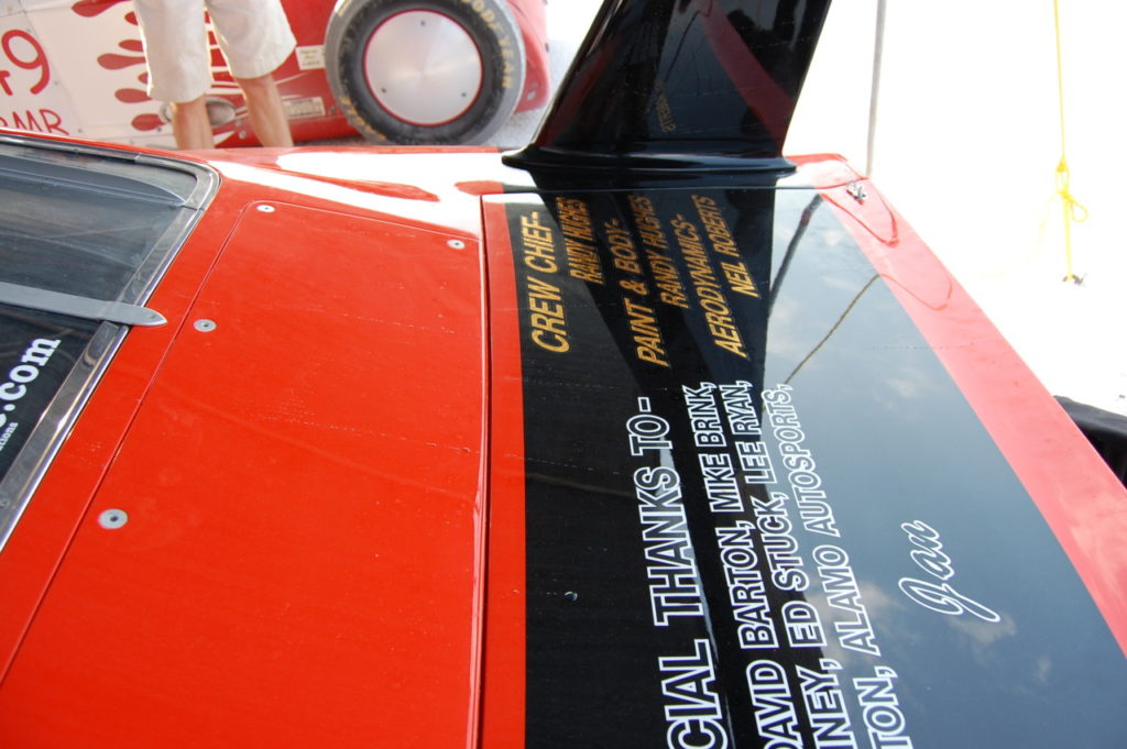 The long, straight oil streaks on the rear deck and trunk lid indicated high speed attached airflow on the rear window and deck. This excellent flow quality was one of many innovations that made the 1969 Dodge Charger Daytona the dominant car of its day in NASCAR.