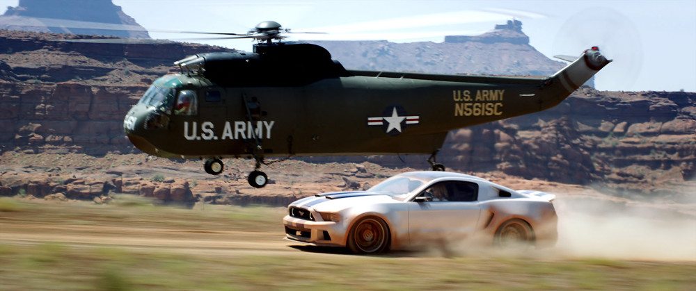 Filmed in Moab, Utah, one of the most spectacular stunts in the film was when the helicopter picked up the Mustang just as it went over the cliff. Croteau is driving in this screen grab from the movie trailer.